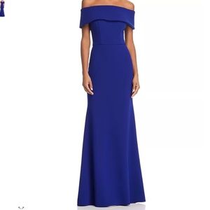AQUA Off-the-Shoulder Scuba Crepe Gown | Marine Blue | 6